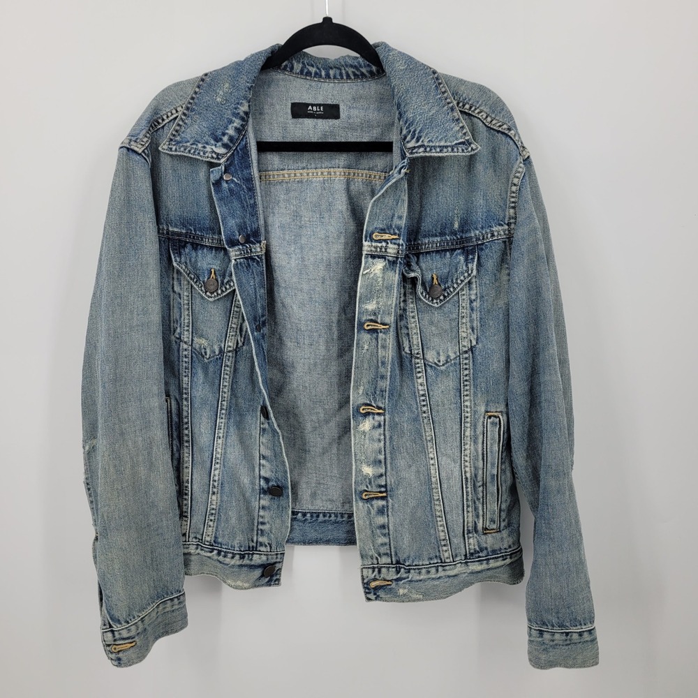 ABLE Merly Distressed Cotton Denim Trucker Jean Jacket Sz L Light Wash Blue